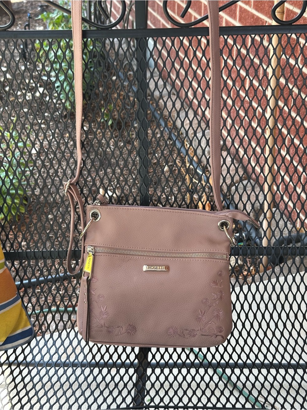 Rosetti Dusty Mauve Floral-Embossed Crossbody Bag with Gold Hardware